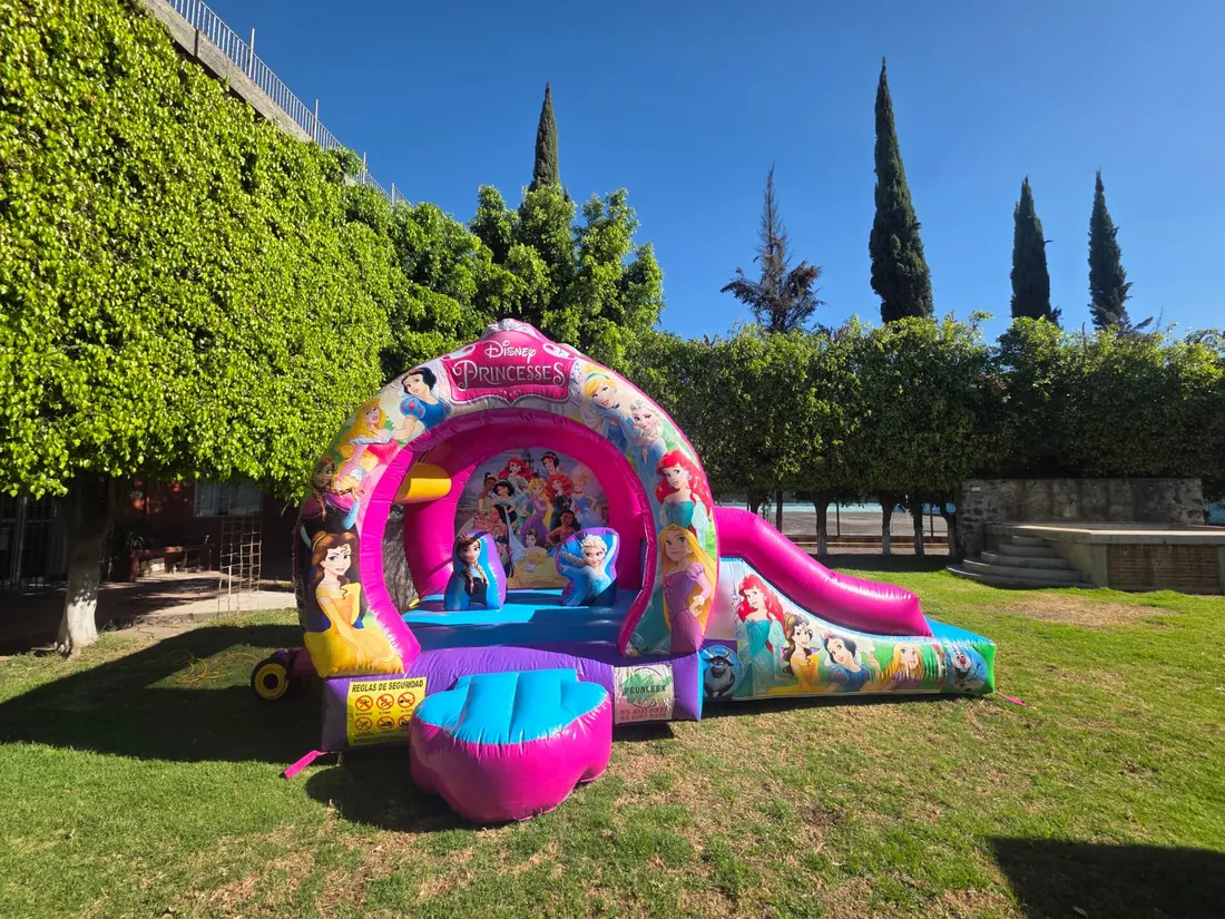 Inflable circular de princesas con resbaladilla instalado en un jardín